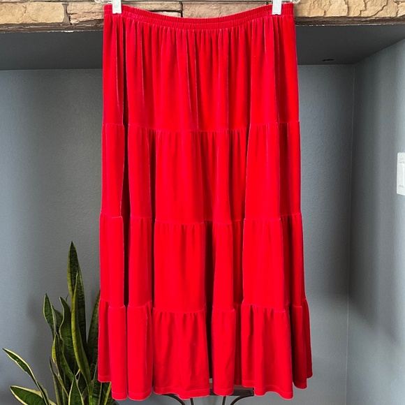 VTG 90s Pop of Red Velvet Tiered Maxi Skirt Stretch Comfy Holiday Christmas XL - Picture 1 of 7